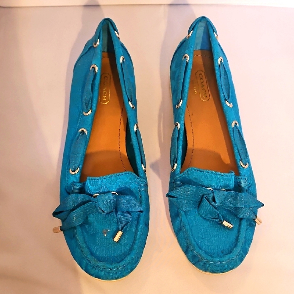 Coach Blue and White Moccasins with Bow Detail